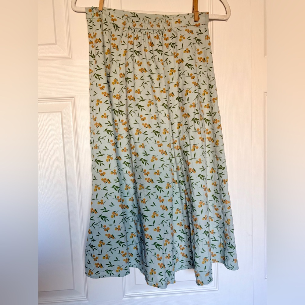 Light Teal Midi Skirt with Golden Yellow Floral Lemon Design — XS - Picture 3 of 6